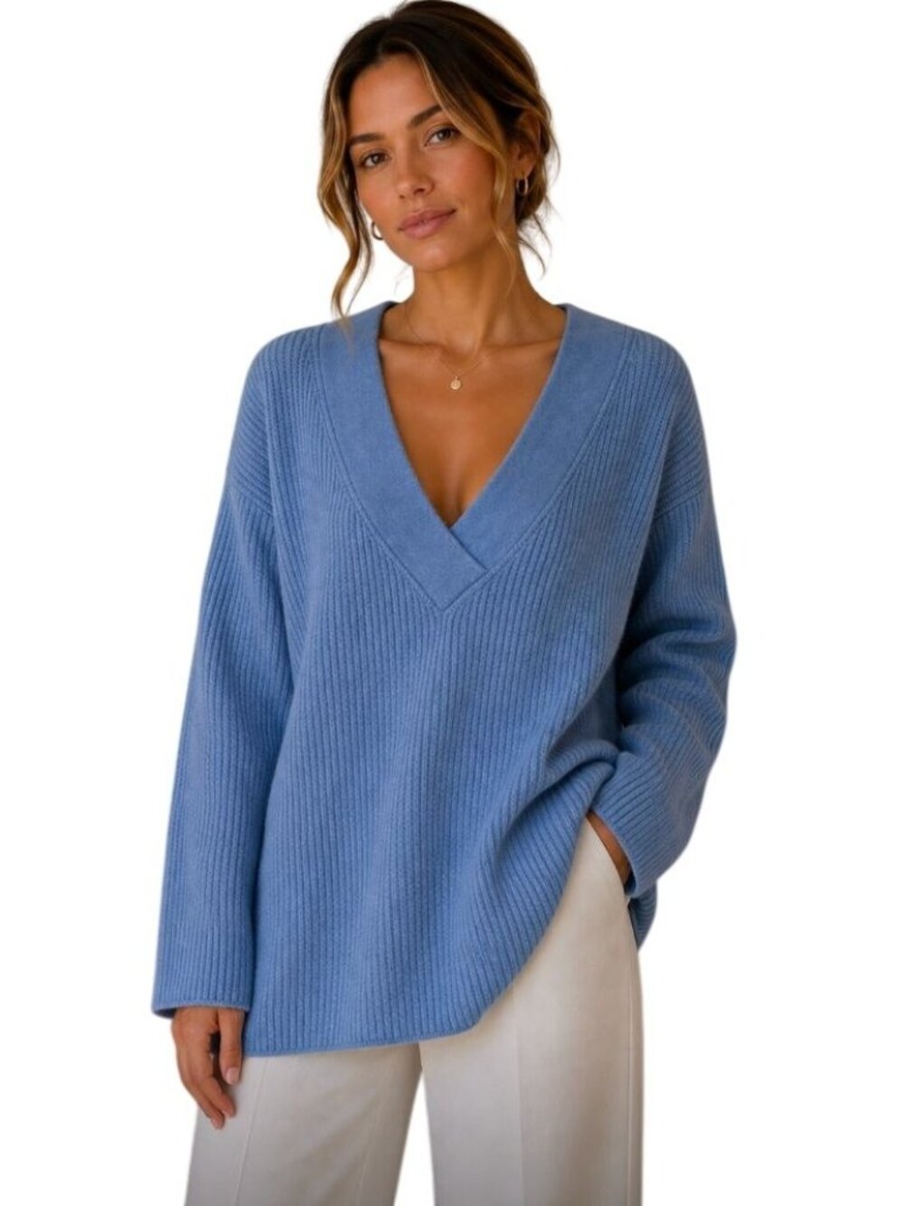 GANNI Azure Blue Soft Wool Knit Pullover V-Neck Sweater - Size S